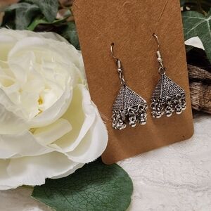 Boho Silver Toned Dangle Drop Pyramid Earrings